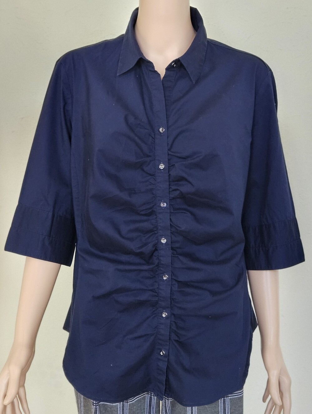 Navy Ruched Button-Down Shirt with Three-Quarter Sleeves